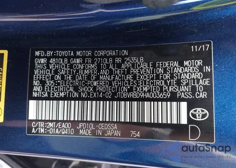 2017 Toyota Mirai from USA, damaged, VIN JTDBVRBD9HA003659